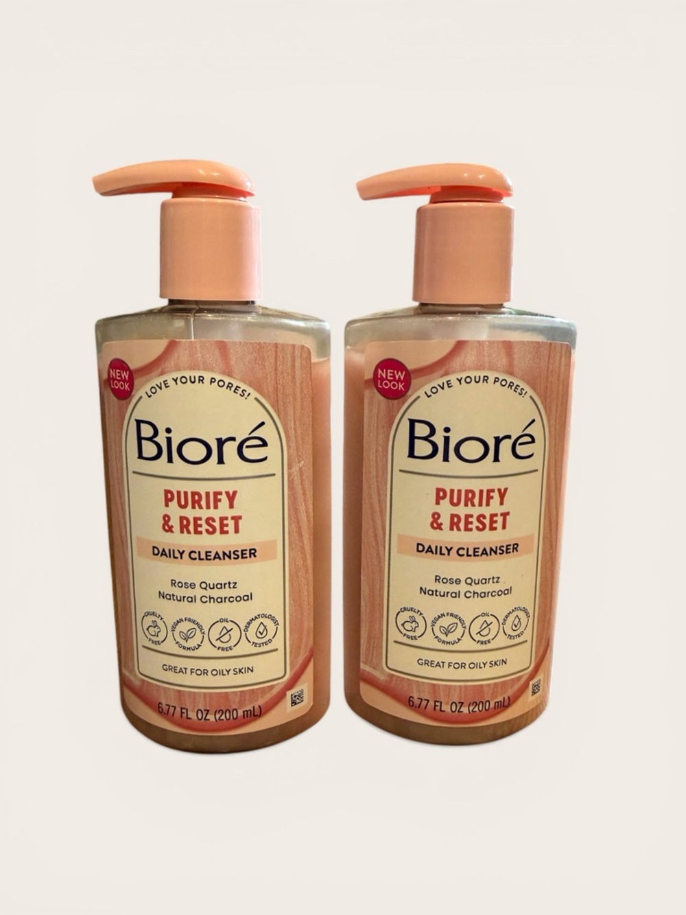 Bioré Purify & Reset Daily Cleanser - Rose Quartz (Peach Pump) - 2 Pack - NEW